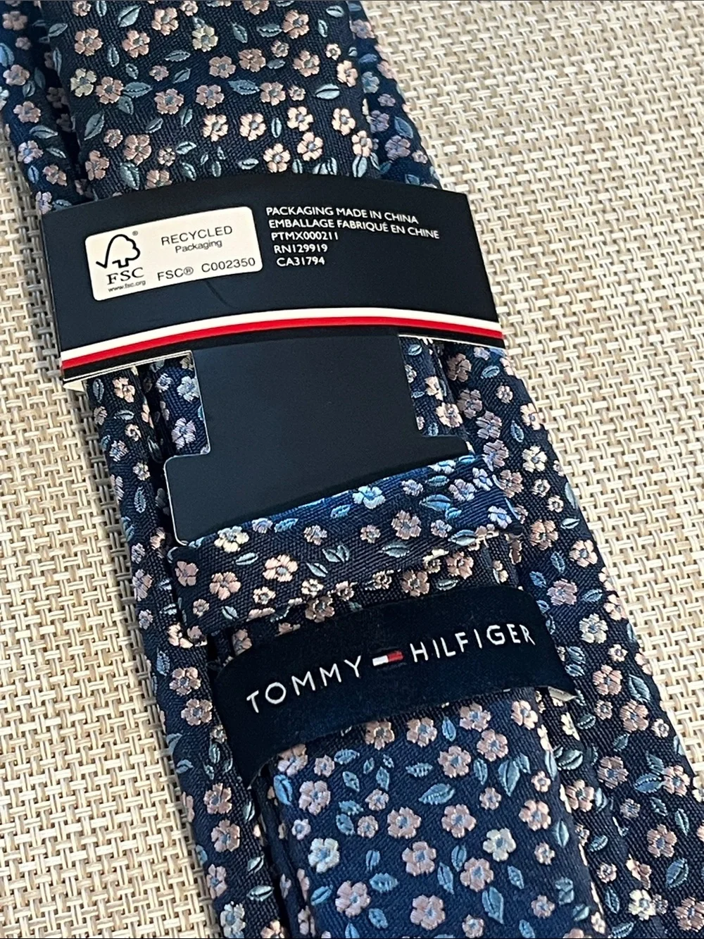 Tommy Hilfiger Navy Floral Microprint Tie with Light Blue and Pale Pink Accents